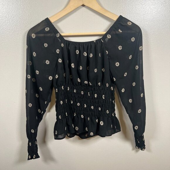 Madewell Georgette Square-Neck Smock-Waist Top Size XS Bloom Dot Floral Black - Picture 3 of 10